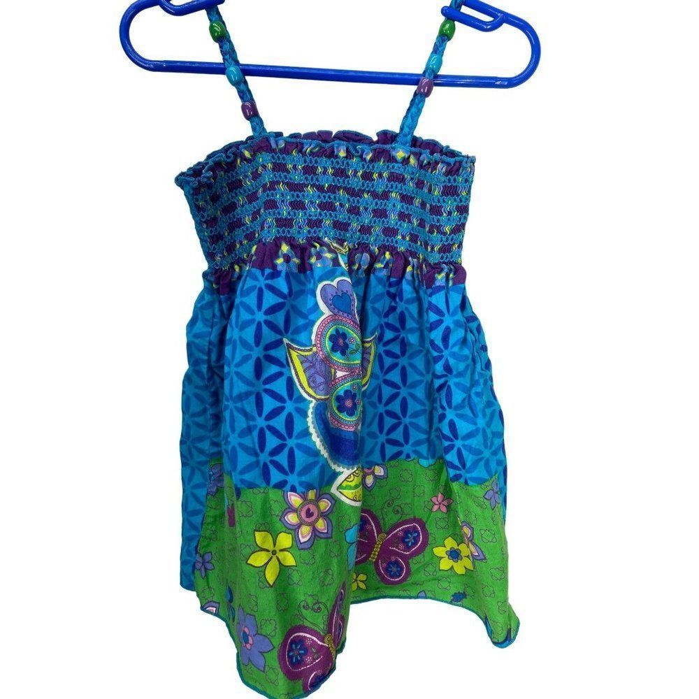The Childrens Place Girls Blue‎ Floral Butterfly Smocked Sun Dress Size S 5/6